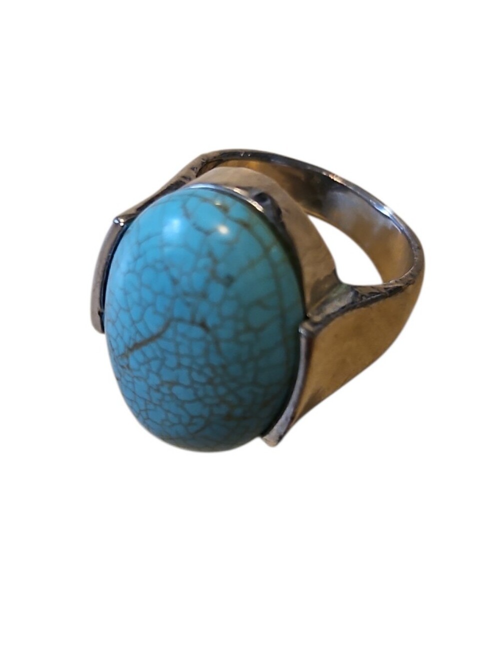 Statement Ring In Silver Tone With Turquoise Blue Oval Stone